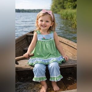 4T - PETIT AMI - Green & Light Blue Toddler Ruffle Top with Matching Pants